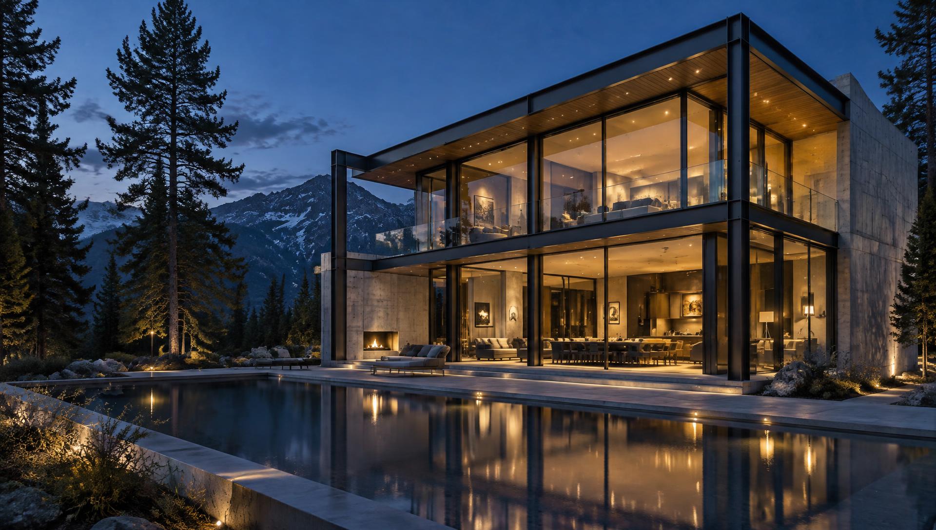 Concept rendering of a modern steel-frame home with glass walls and a reflecting pool at dusk
