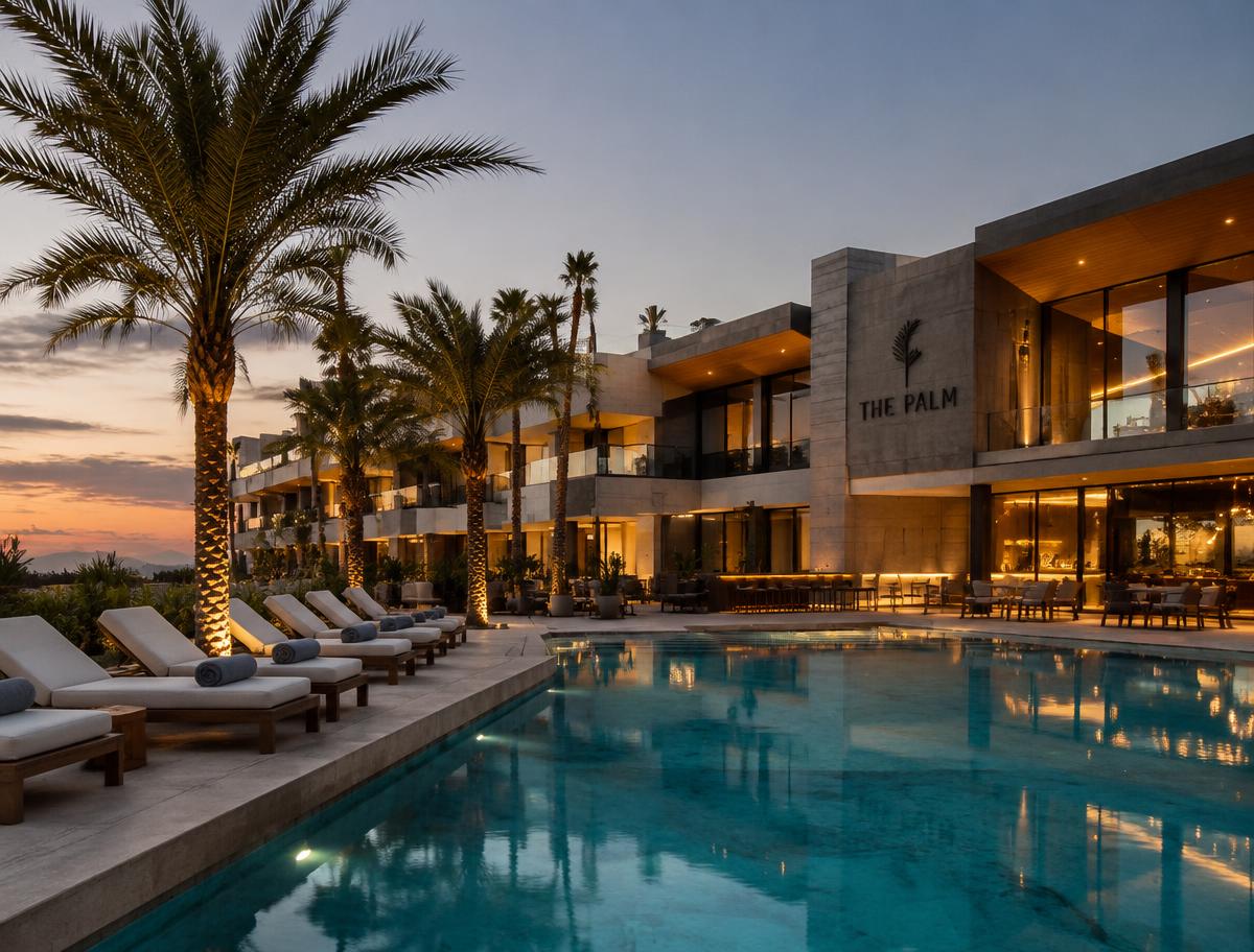 Illustrative rendering: Boutique hotel with pool at dusk