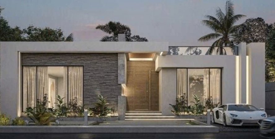 Flat-roof modern home with stone feature wall