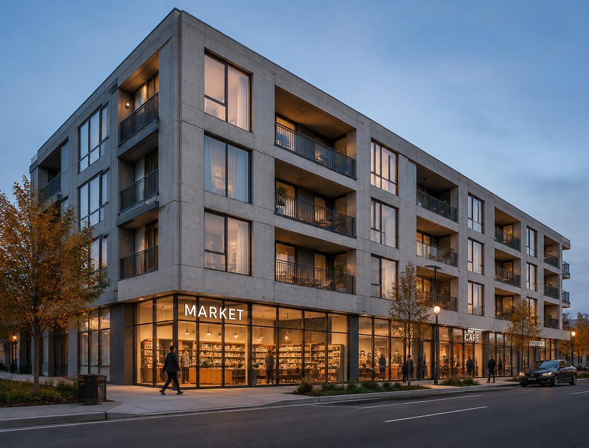 Illustrative rendering: Mixed-use building with ground-floor retail